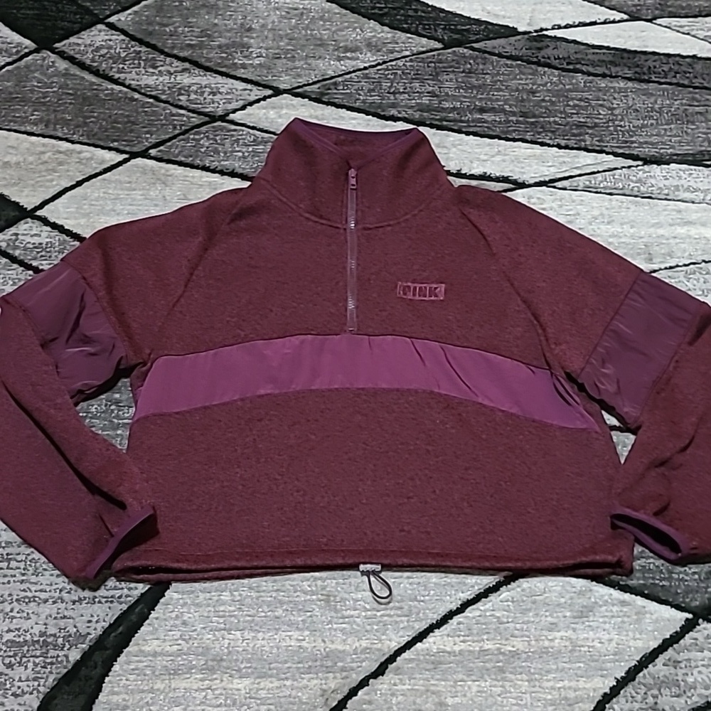 VS PINK 2020 MAROON CROP SWEATER KNIT FLEECE LINED QUARTER-ZIP JACKET